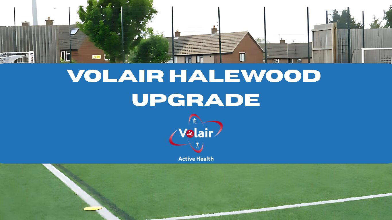 Volair Halewood upgrade written in a blue box with the volair logo. The box is on top of a picture of halewood pitch