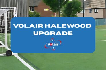 Volair Halewood upgrade written in a blue box with the volair logo. The box is on top of a picture of halewood pitch