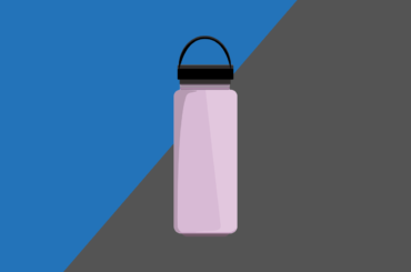 lilac water bottle with black lid on a grey and blue background.