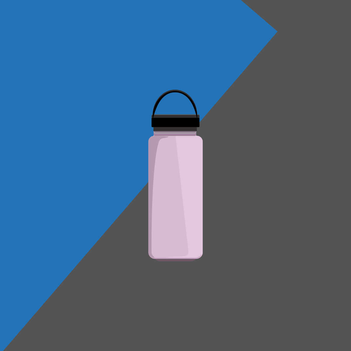 lilac water bottle with black lid on a grey and blue background.