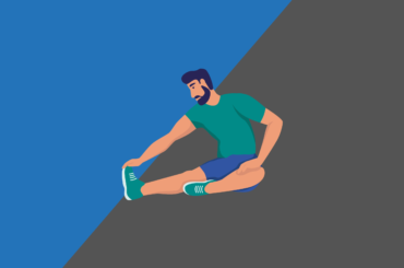 Blue and grey background with a person stretching in the middle.