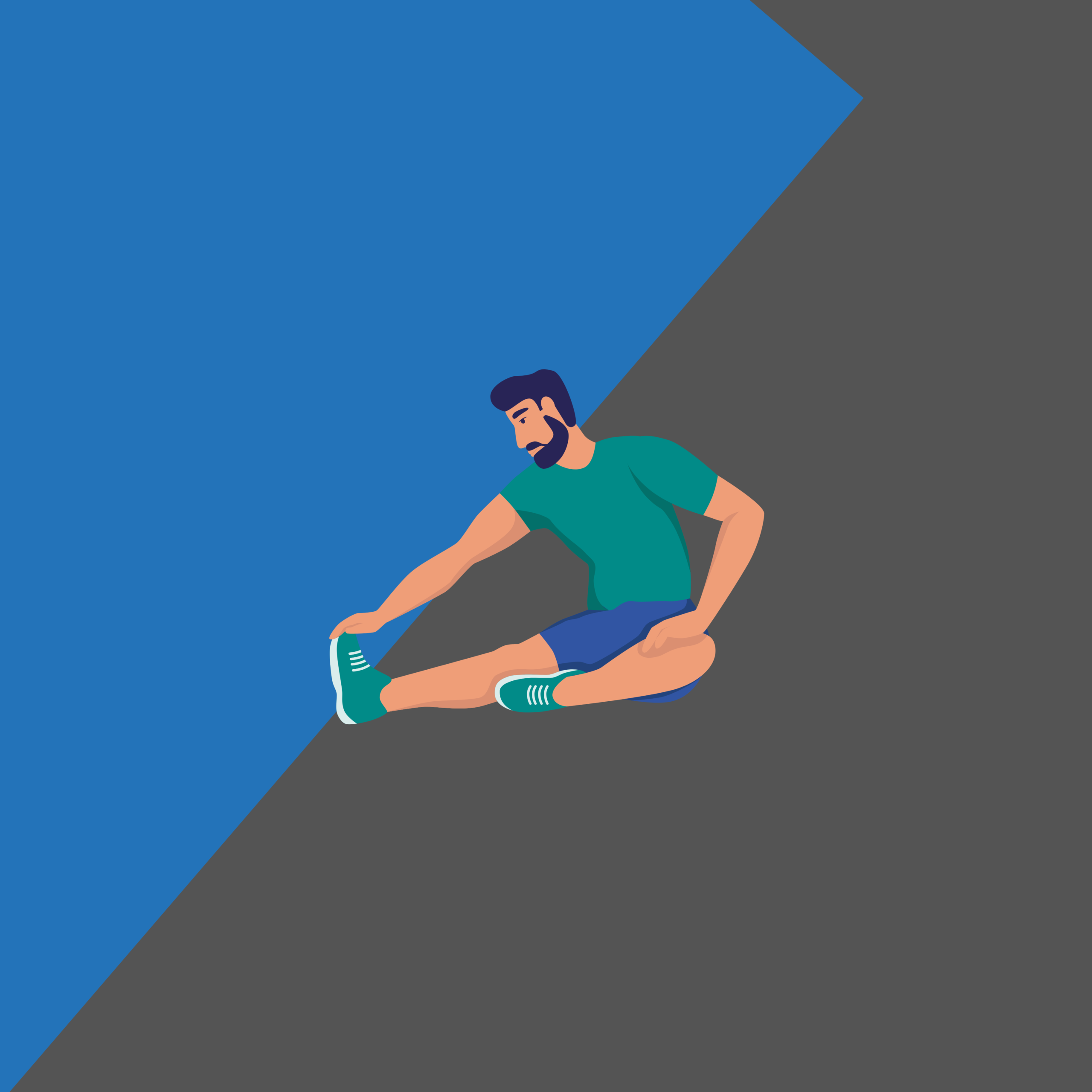 Blue and grey background with a person stretching in the middle.