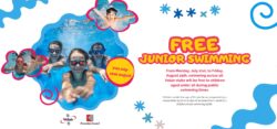 Free swim banner poster. Which explains children under 16 swim for free at Volair clubs from rom Monday, July 21st, to Friday, August 29th. The banner has images of children swimming. fun shapes are shown across the banner.