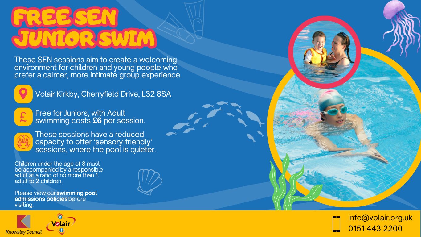 free junior SEN swim poster. with key details about the sessions. With images of children enjoying a swim