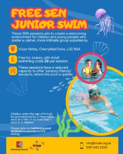 free junior SEN swim poster. with key details about the sessions. With images of children enjoying a swim