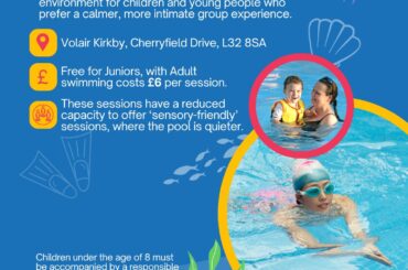 free junior SEN swim poster. with key details about the sessions. With images of children enjoying a swim