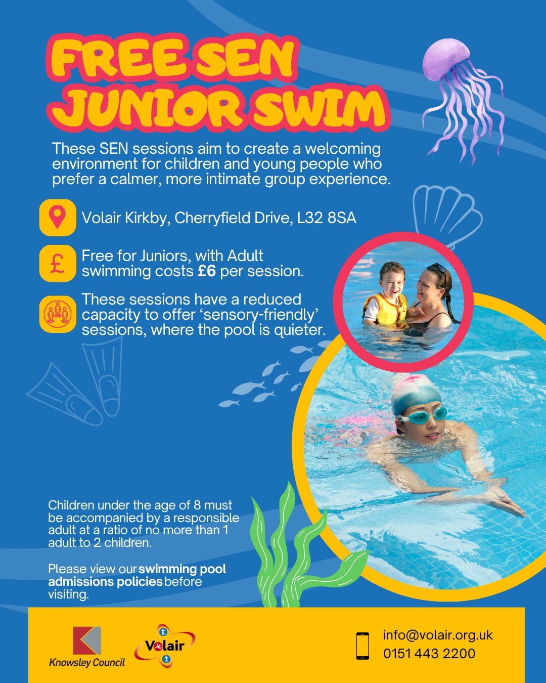 free junior SEN swim poster. with key details about the sessions. With images of children enjoying a swim