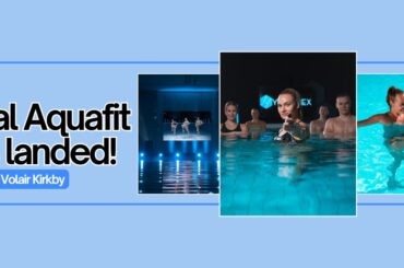 Virtual Aquafit banner with light blue background with three images that show the virtual instructors and pool
