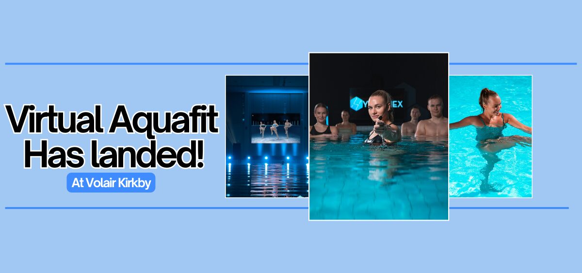 Virtual Aquafit banner with light blue background with three images that show the virtual instructors and pool