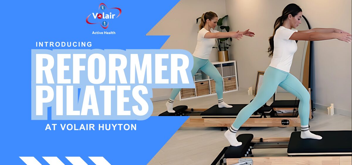 Promotion for reformer Pilates in big highlighted writing blue background and image underlayer of of two people using a reformer.