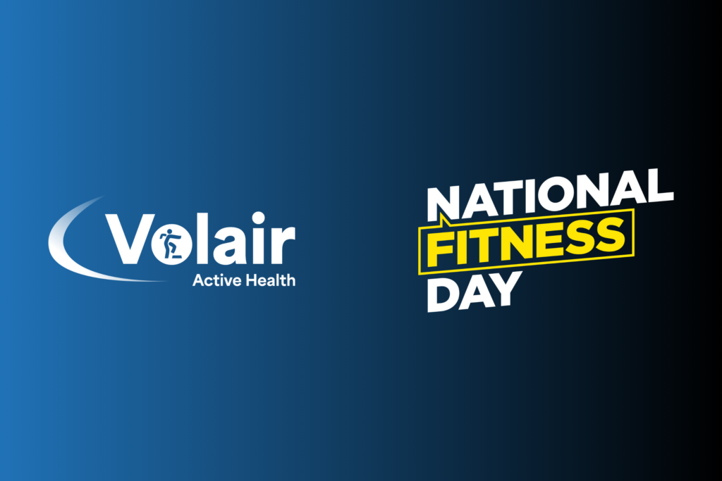 National fitness day and Volair logo on a gradiant background mixing Volair blue and black for national fitness day